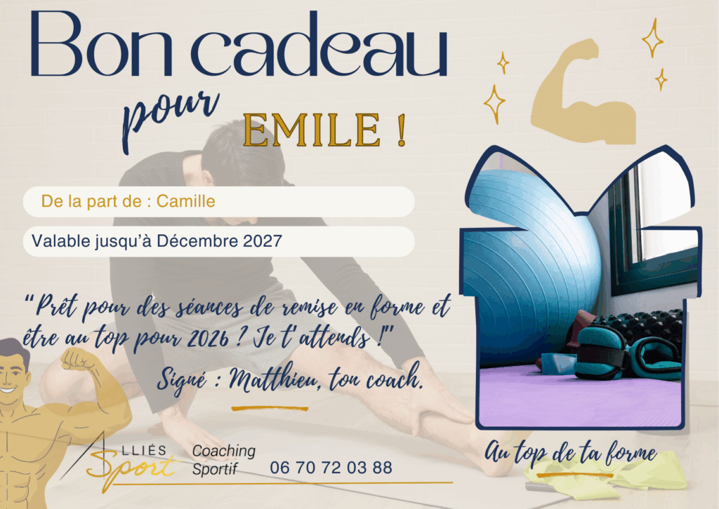 Coach APA guidant une séance à domicile après un bon cadeau offert à Cubzac.

